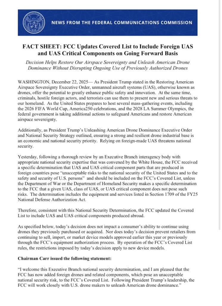 สหรัฐฯ แบนโดรนต่างประเทศ