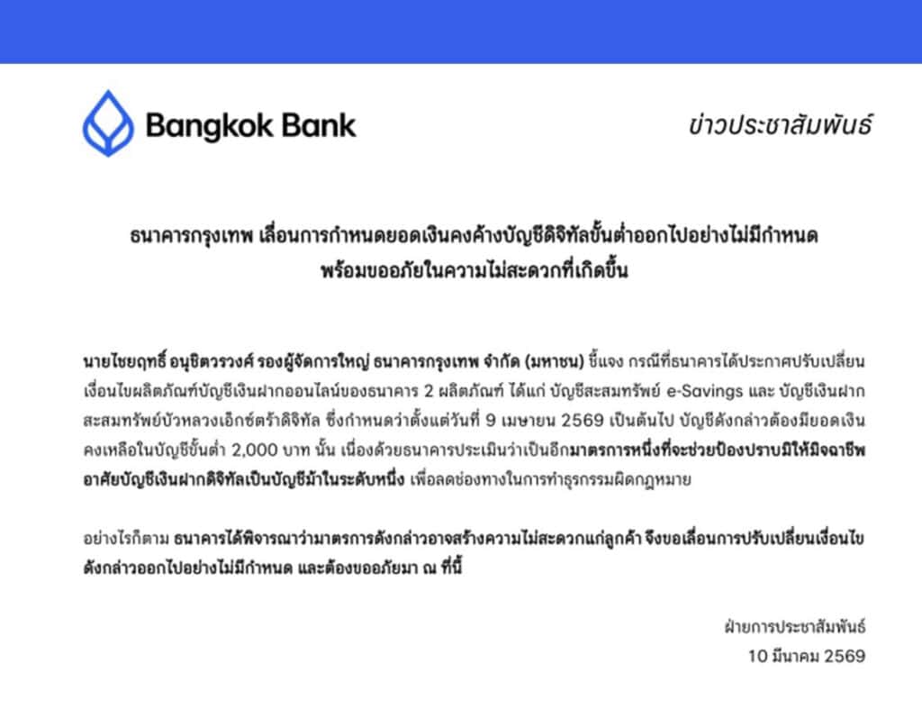 ยอมถอยแล้ว ธนาคารกรุงเทพเลื่อนกฎใหม่ บัญชี e-saving